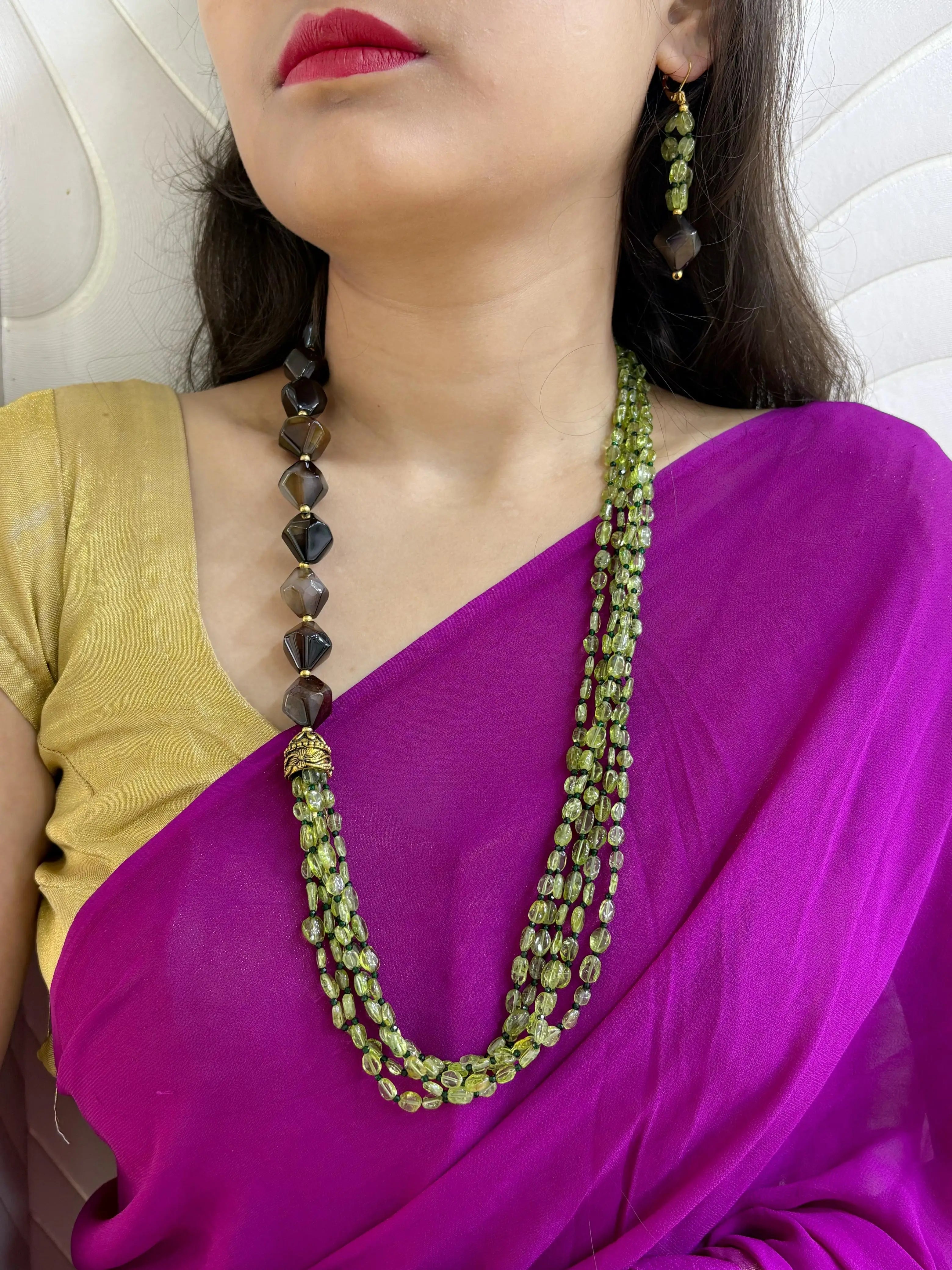 Semi Precious One Side Pattern Green Peridot Beaded Necklace Set - Elegant Gemstone Beads Jewelry