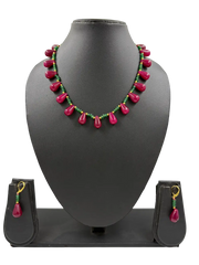 Semi Precious Ruby Red Jade Drops Beads Necklace With Earrings – Traditional Beaded Jewelry For Women