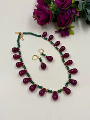 Semi Precious Ruby Red Jade Drops Beads Necklace With Earrings – Traditional Beaded Jewelry For Women