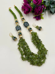 Designer Semi Precious Parrot Green Chips Peridot Beaded Necklace Set For Women