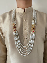 Designer Long Kundan Brooch And Pearls Necklace For Grooms Sherwani - Mens Weddings Jewellery