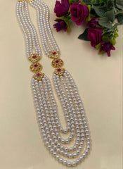 Designer Long Kundan Brooch And Pearls Necklace For Grooms Sherwani - Mens Weddings Jewellery