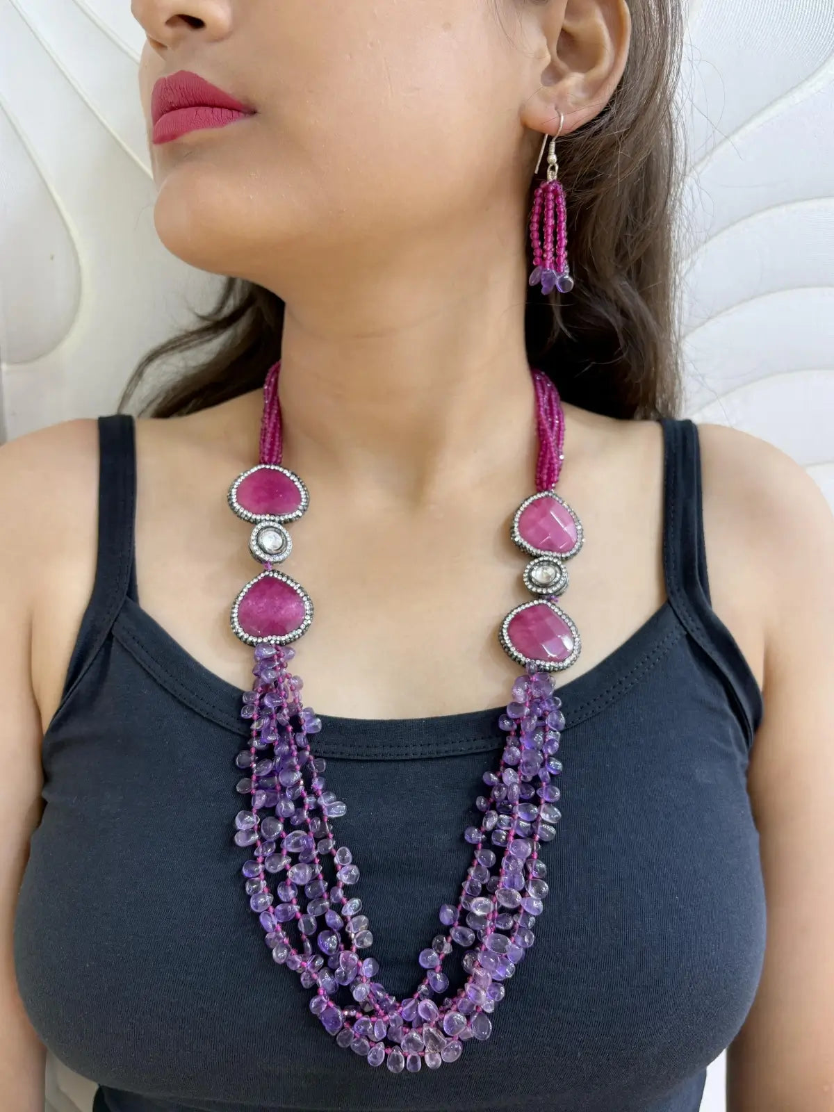 Elegant Long Pink Hydro And Amethyst Teardrops Beaded Necklace Set - Purple Beads Necklace