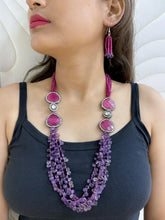 Elegant Long Pink Hydro And Amethyst Teardrops Beaded Necklace Set - Purple Beads Necklace