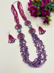Elegant Long Pink Hydro And Amethyst Teardrops Beaded Necklace Set - Purple Beads Necklace