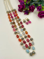 Long Semi Precious Gemstone Chalcedony Multicolor Beaded Necklace Set For Women