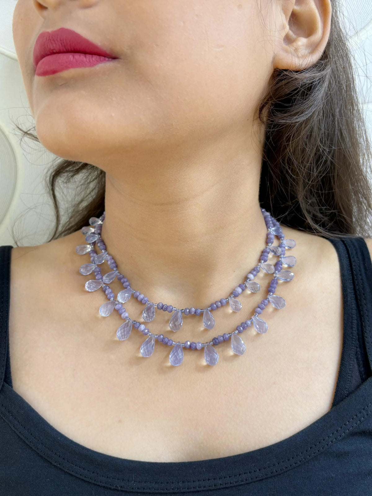 Elegant Semi Precious Lavender Quartz Teardrops Beaded Necklace Set For Women
