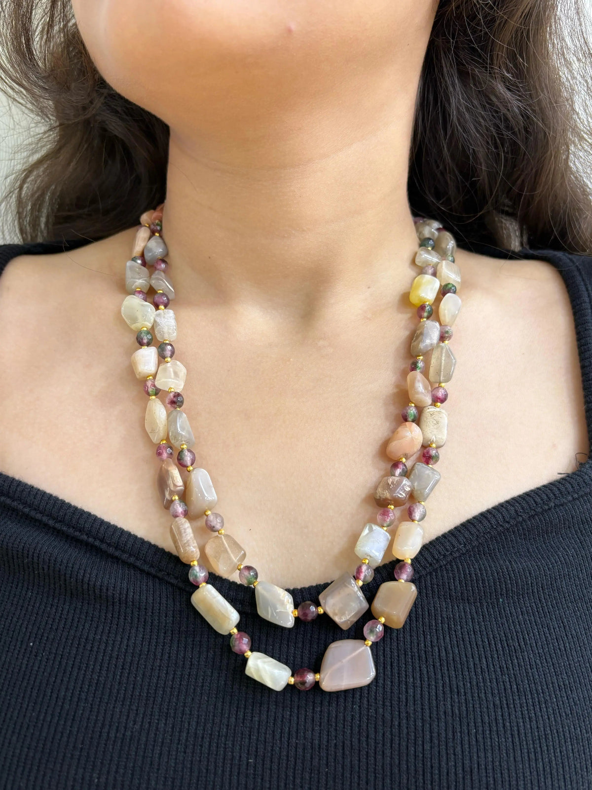 Semi Precious Tumble Shape Natural Double Layered Moonstone Beads Necklace - Elegant, Versatile And Earthy