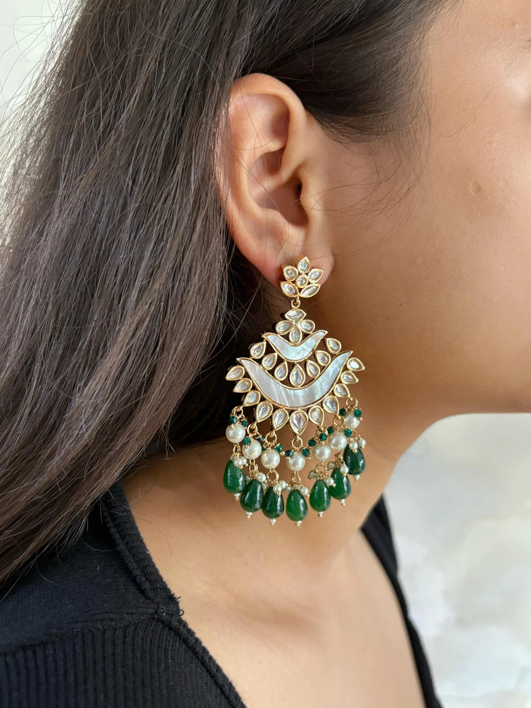Contemporary Kundan And Mother Of Pearl Green Chandbali Earrings For Women - Wedding And Party Wear