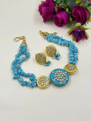 Statement Look Natural Turquoise Stone Beaded Choker Necklace Set - Blue Choker
