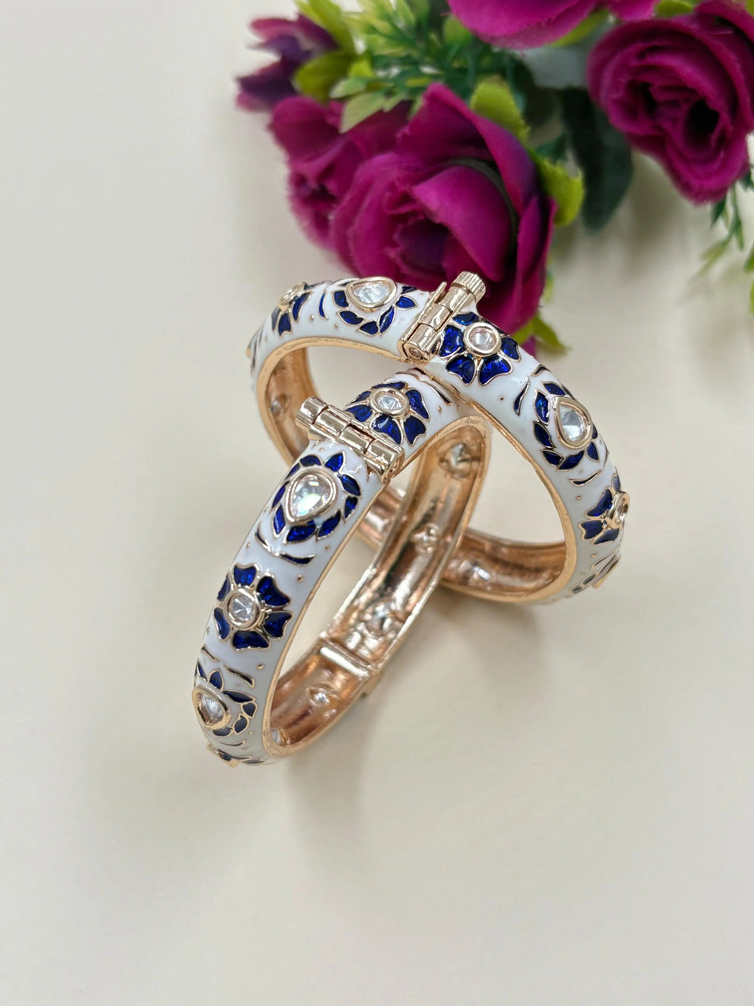 Traditional Gold Plated Floral Blue Meenakari Bangles With Kundan