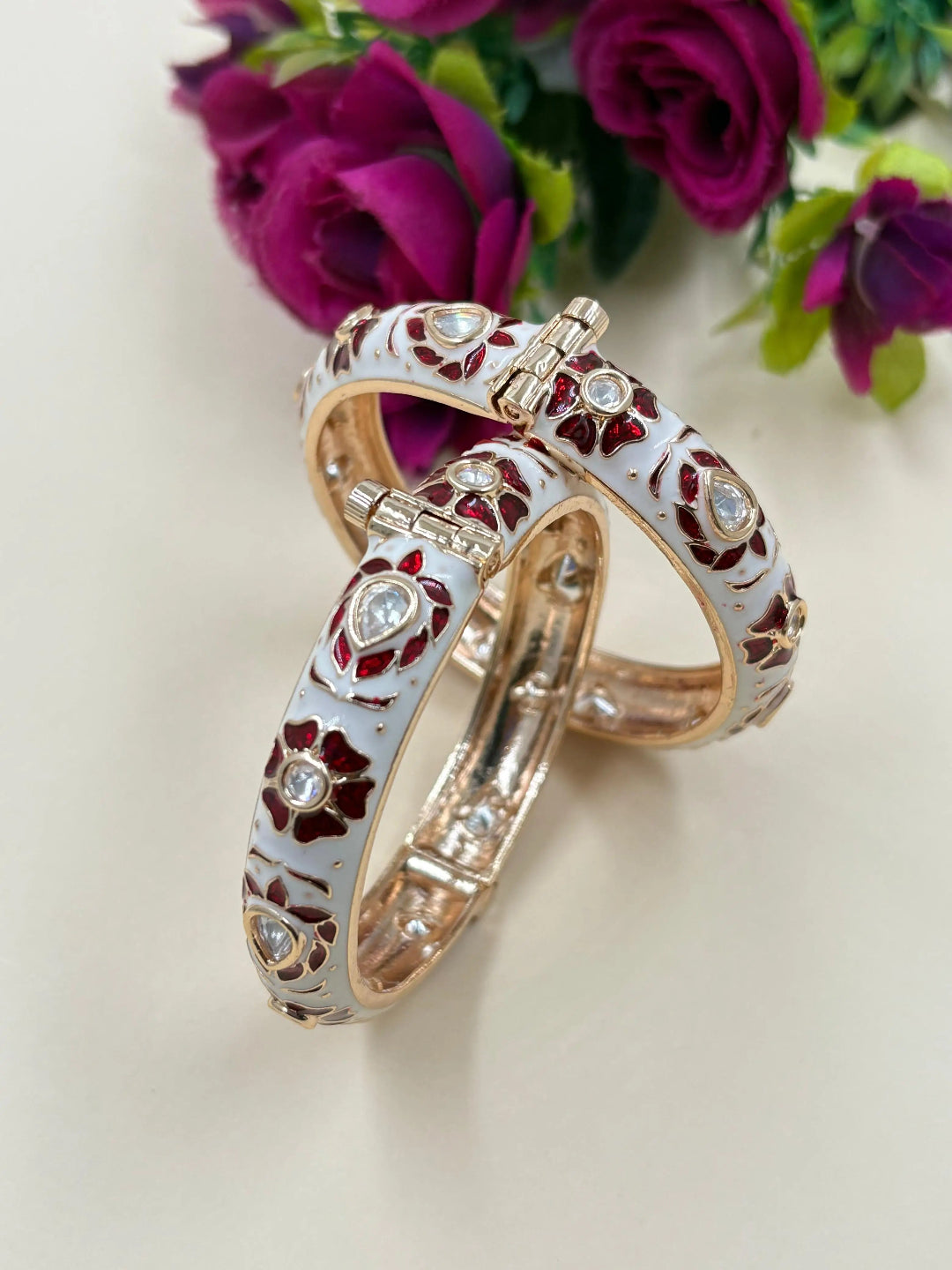 Traditional Gold Plated Red Meenakari Bangles With Kundan - Wedding And Festive Wear