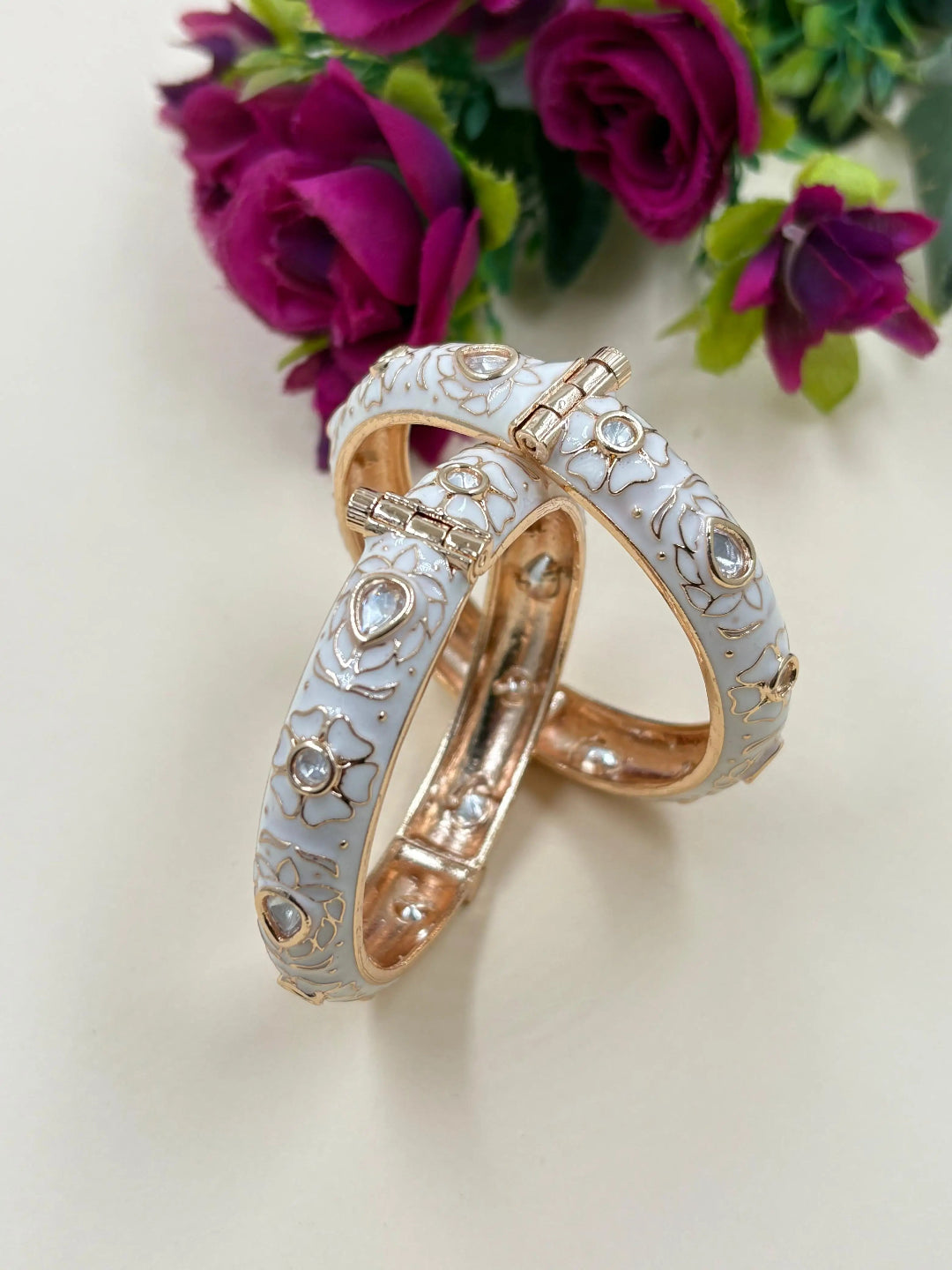 Traditional Gold Plated White Meenakari Bangles With Kundan - Enamel Bangles