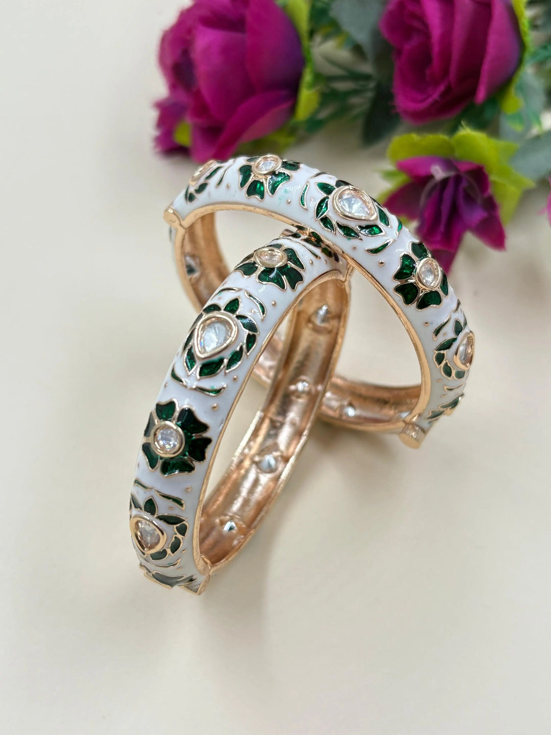 Traditional Gold Plated Green Meenakari Bangles With Kundan For Women