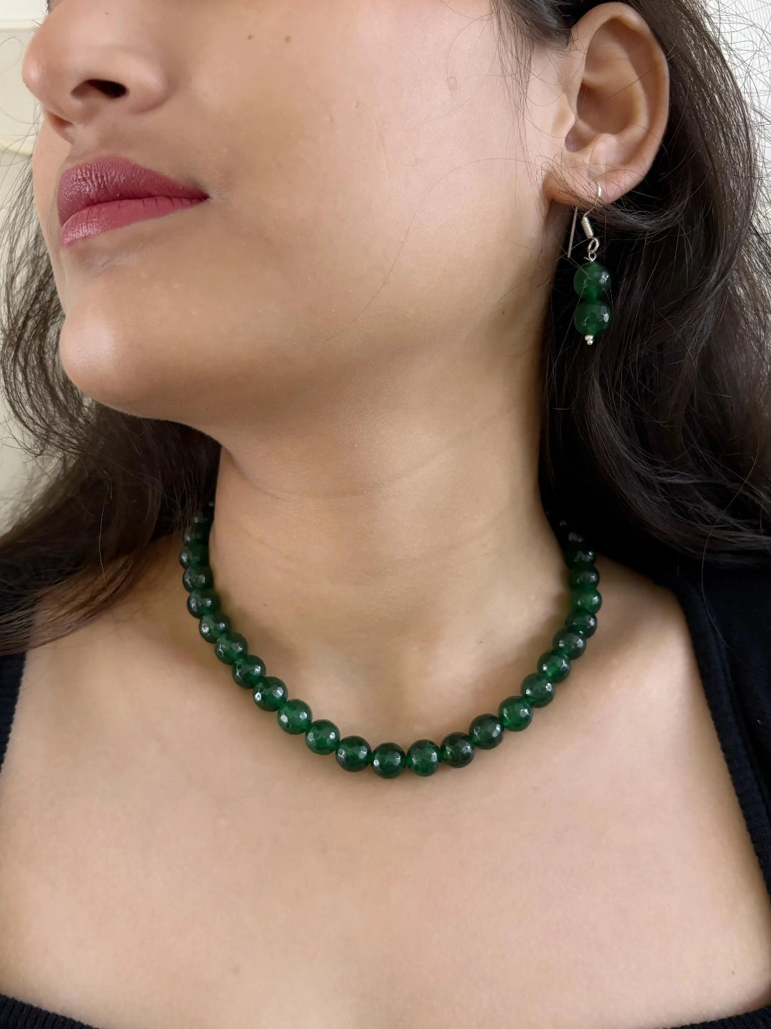 Single Strand 10 mm Green Jade Beads Necklace Set - Gemstone Beads Jewelry