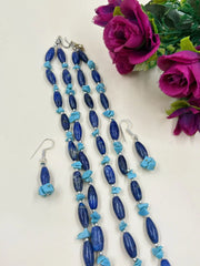 Layered Blue Lapis Lazuli Gemstone Beaded Necklace Set For Women