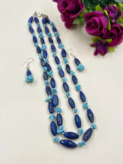 Layered Blue Lapis Lazuli Gemstone Beaded Necklace Set For Women
