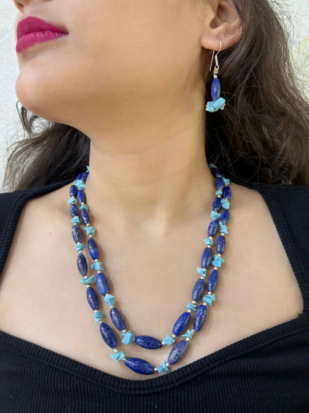 Layered Blue Lapis Lazuli Gemstone Beaded Necklace Set For Women