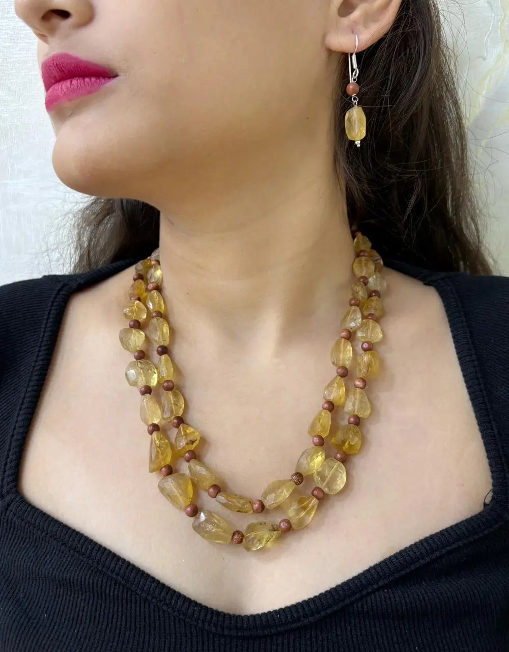 Layered Yellow Citrine Gemstone Beaded Jewellery Set For Women - Perfect Indo Western Wear