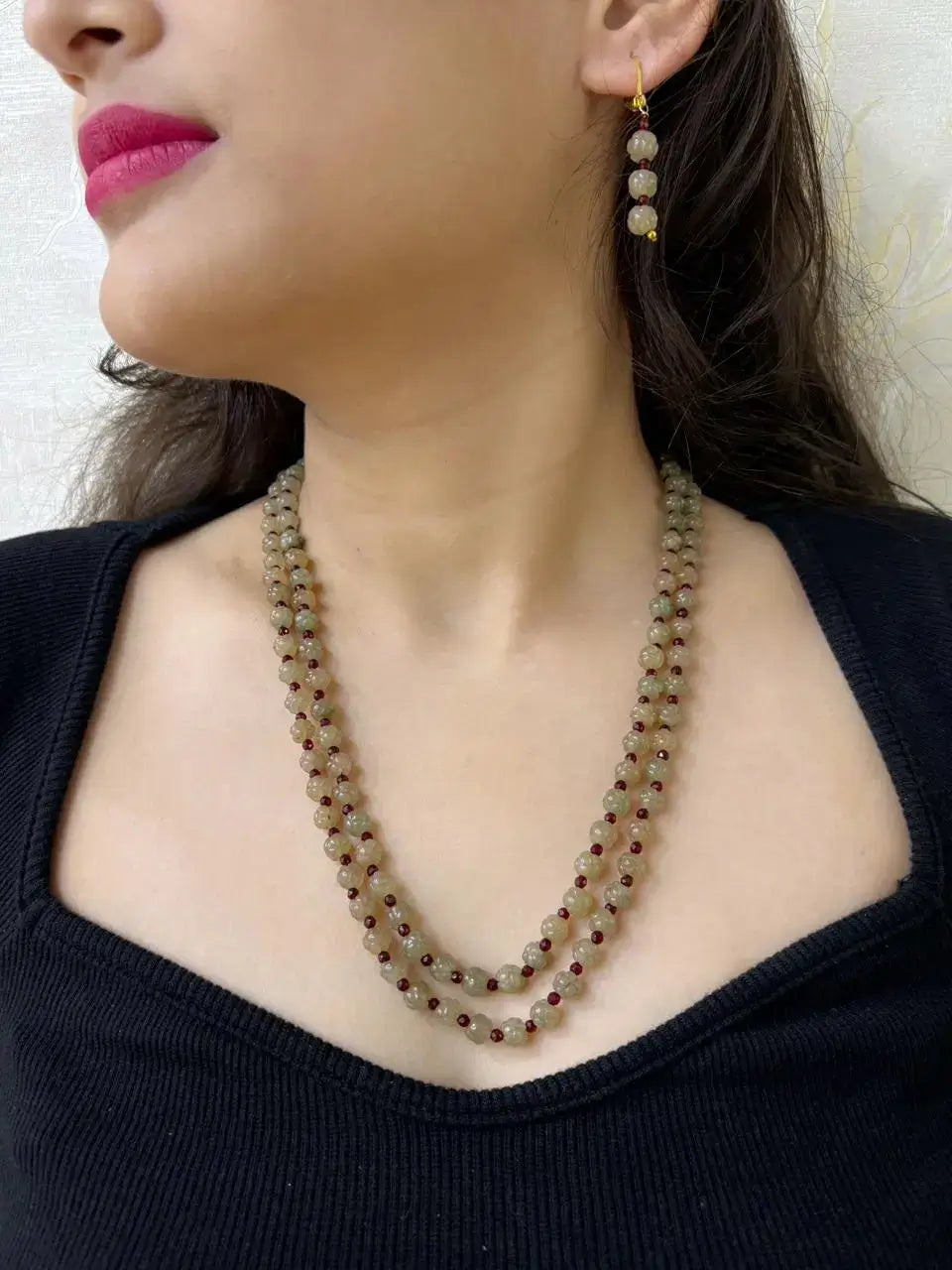 Double Layered Gemstone Jade Pastel Green Watermelon Beads Necklace For Women