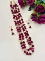 Double Layered Pink Jade Kharbuja Beads Necklace Set For Women