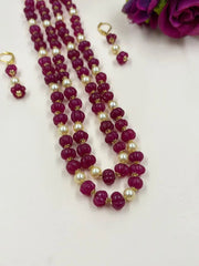 Double Layered Pink Jade Kharbuja Beads Necklace Set For Women