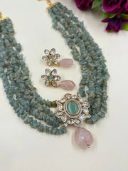 Handcrafted Statement Look Pastel Green Beaded Kundan Necklace Set For Women