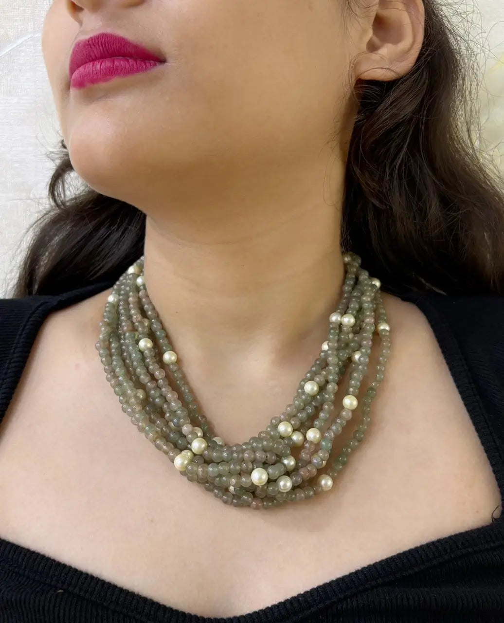 Pastel Green Multi Strand Gemstone Beaded Necklace - Elegant Semi-Precious Stones Jewelry