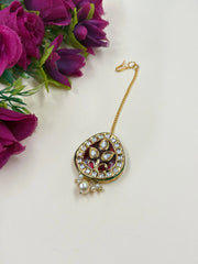 Traditional Gold Plated Kundan Maang Tikka With Red Enamel