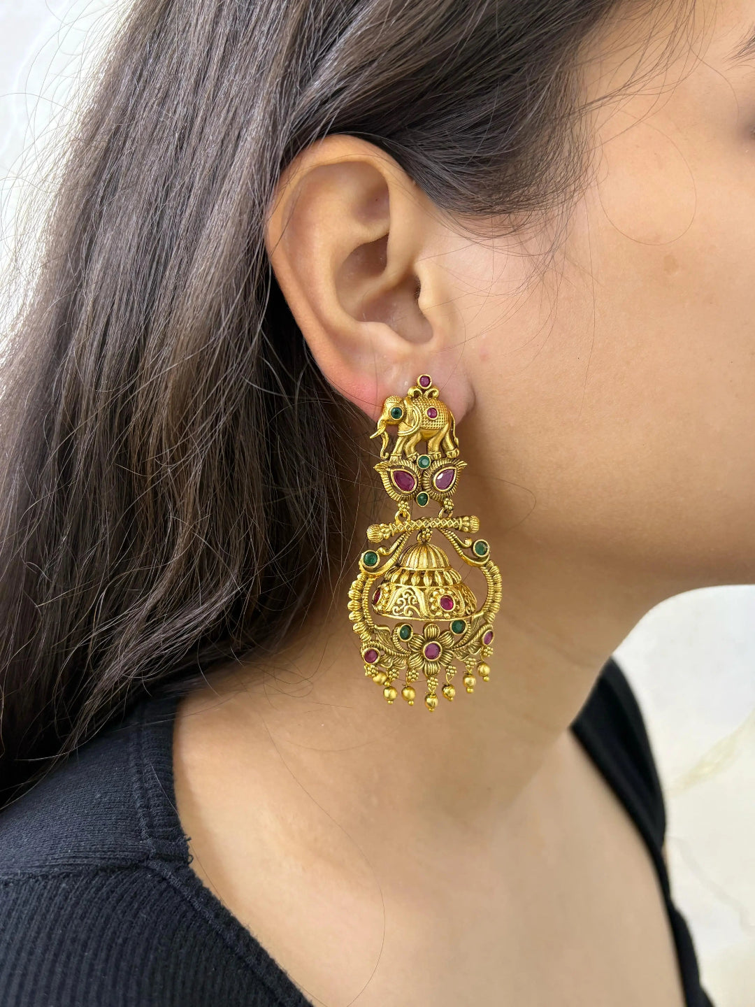 Elegant Gold Plated Elephant Design Golden Jhumki Earrings For Women