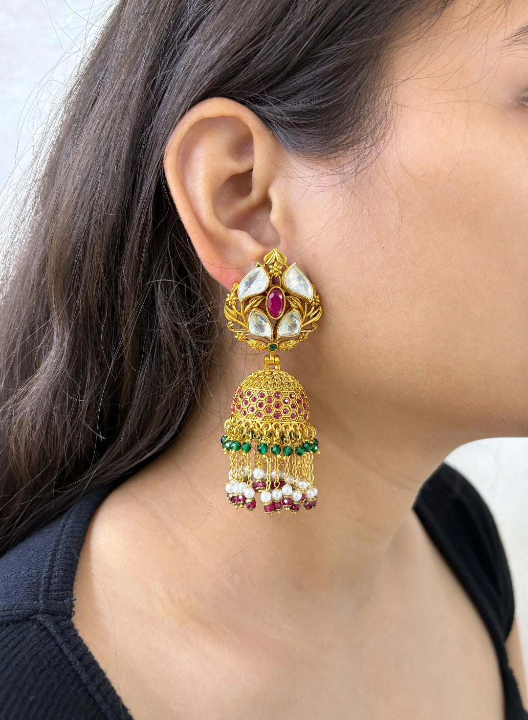 Gold Plated Traditional Golden Jhumka Earrings With Kundan - Wedding And Festive Wear Jhumkis