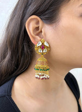 Gold Plated Traditional Golden Jhumka Earrings With Kundan - Wedding And Festive Wear Jhumkis