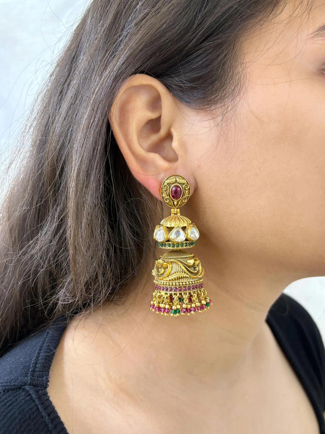 Traditional Gold Plated Antique Golden Double Jhumka Earrin - Wedding & Festive Wear