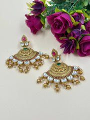 Traditional Gold Plated Antique Kundan Chandbali Earrings - Wedding And Festive Wear