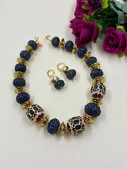 Semi-Precious Blue Jade Stone Watermelon Shaped Beaded Necklace Set For Women
