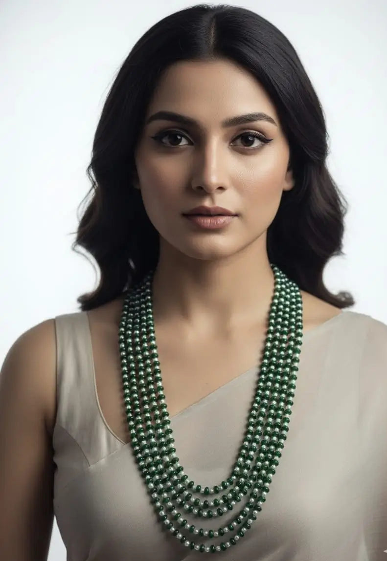 Handcrafted Green Jade and Freshwater Pearls Multi-Layered Beaded Necklace
