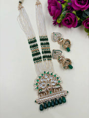 Artificial Long Polki Studded Elephant Design Temple Necklace Set with Green beads