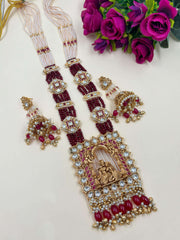 Suhasini Long Antique Golden Radha Krishna Temple Necklace Set With Maroon Layered Beads