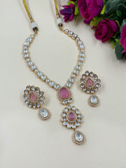 Stylish And Modern Look Baby Pink Polki Party Necklace With Flower Drop