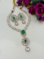 Stylish And Modern Look Green Polki Party Necklace With Flower Drop