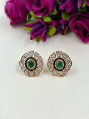 Lightweight DesignerGreen Kundan Polki Stud Earrings For Ladies