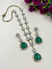 Aarya Modern Look Long Moissanite Polki Victorian Jewellery Necklace Set in green color