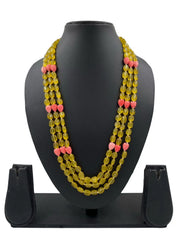 Triple Layered Yellow Monalisa Beads Necklace With Tulip Flowers