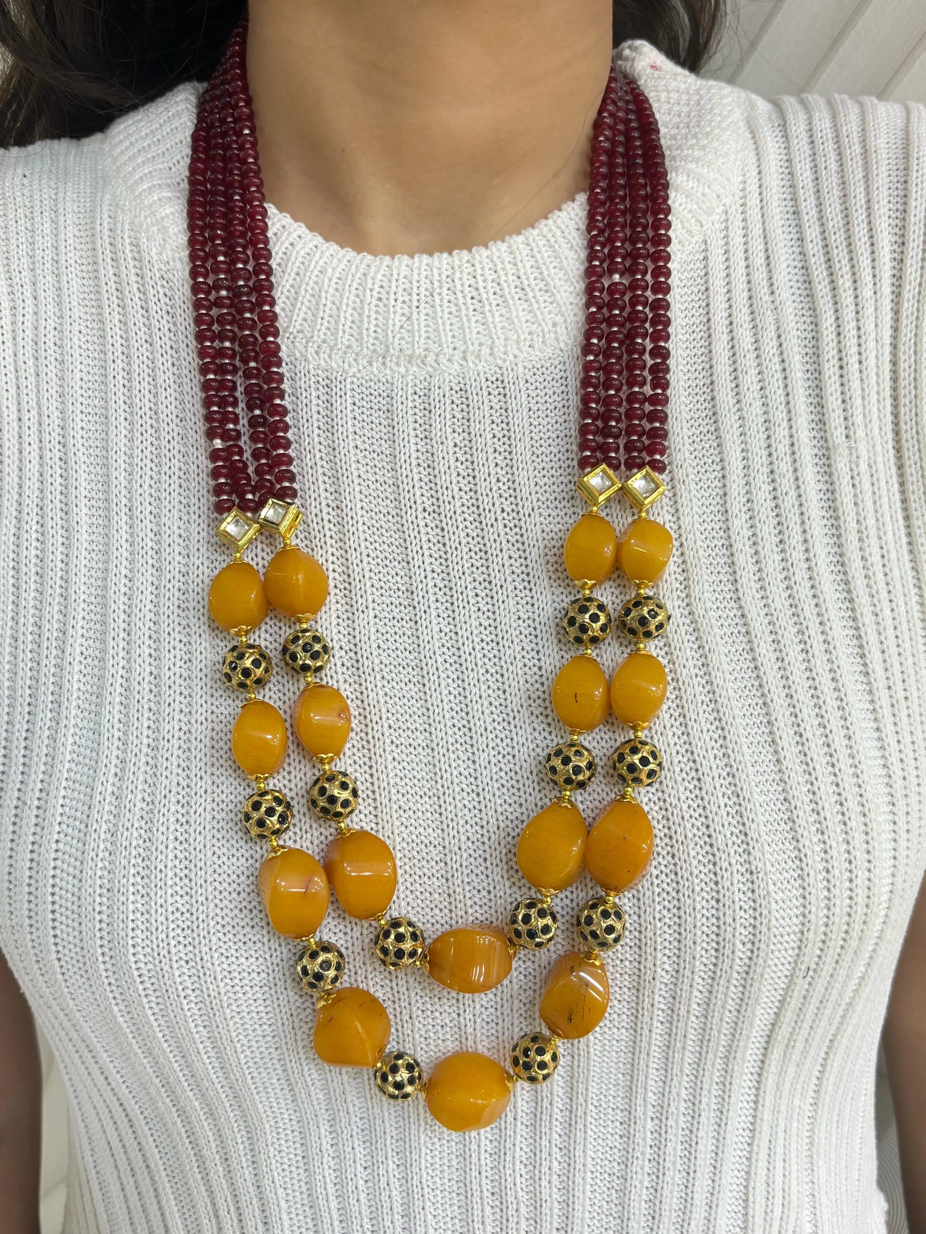 Handcrafted Long Semi Precious Yellow Beads Necklace Beaded Jewelry