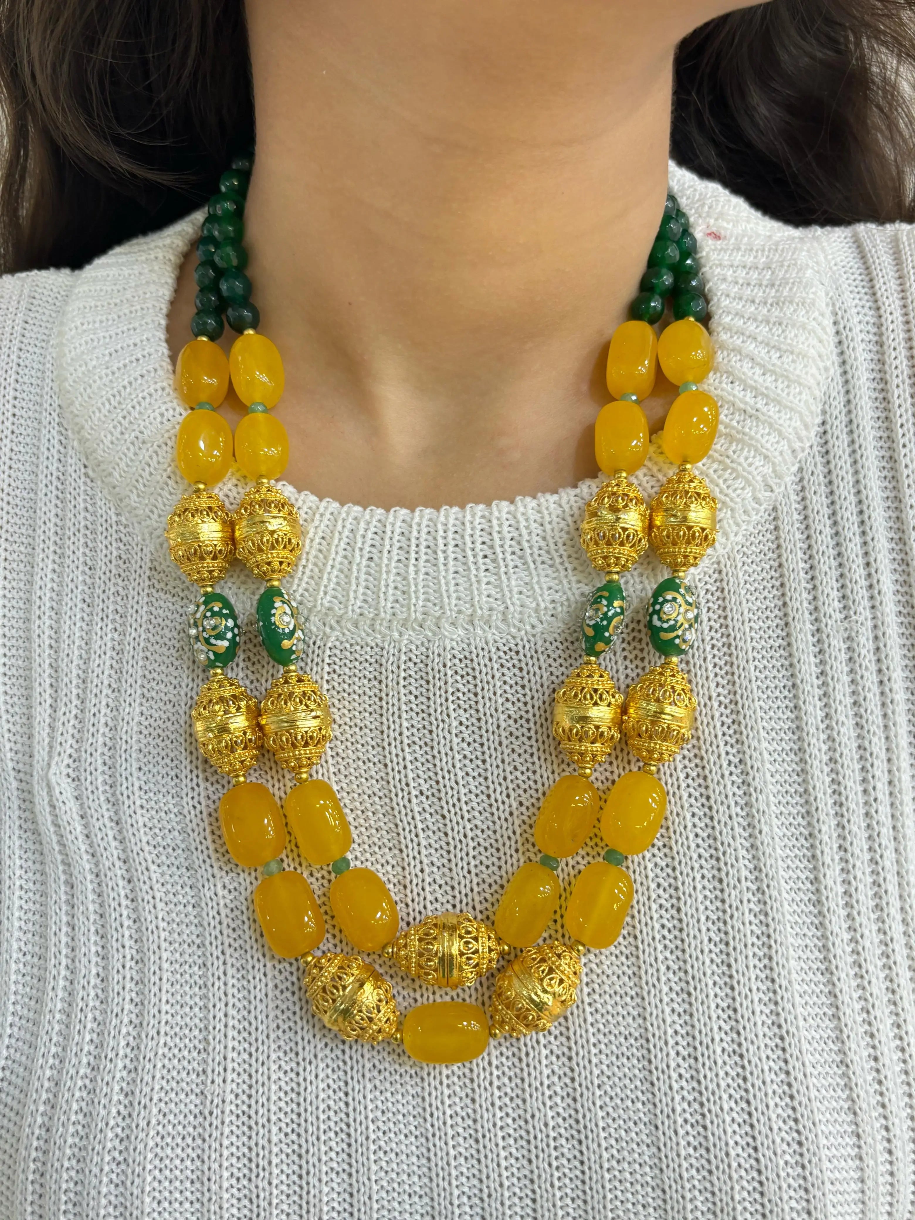 Designer Handcrafted Gemstone Statement double layered yellow Jade Beaded Necklace Set with golden beads online for women