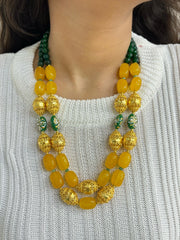 Designer Handcrafted Gemstone Statement double layered yellow Jade Beaded Necklace Set with golden beads online for women