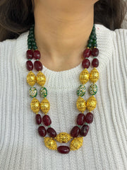 Designer Handcrafted Gemstone Statement double layered Maroon Jade Beaded Necklace Set with golden beads online for women