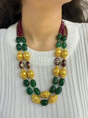 Designer Handcrafted Gemstone Statement double layered Green Jade Beaded Necklace Set with golden beads online for women