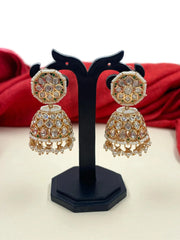 Kaashi Rose Gold Polish Green Kundan Polki Jhumka Earrings For women Online