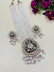 Long Green Meenkaari Polki Kundan Necklace Set With Pearls